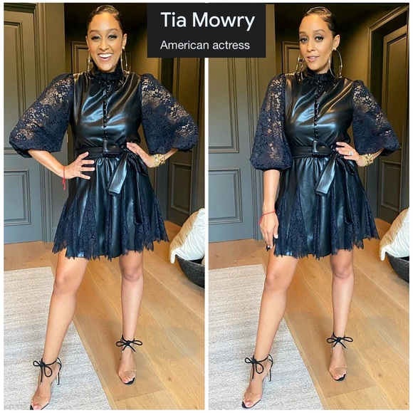 Alice + Olivia Mina Black Vegan Leather Lace Combo Mini Cocktail Dress - Picture 7 of 17